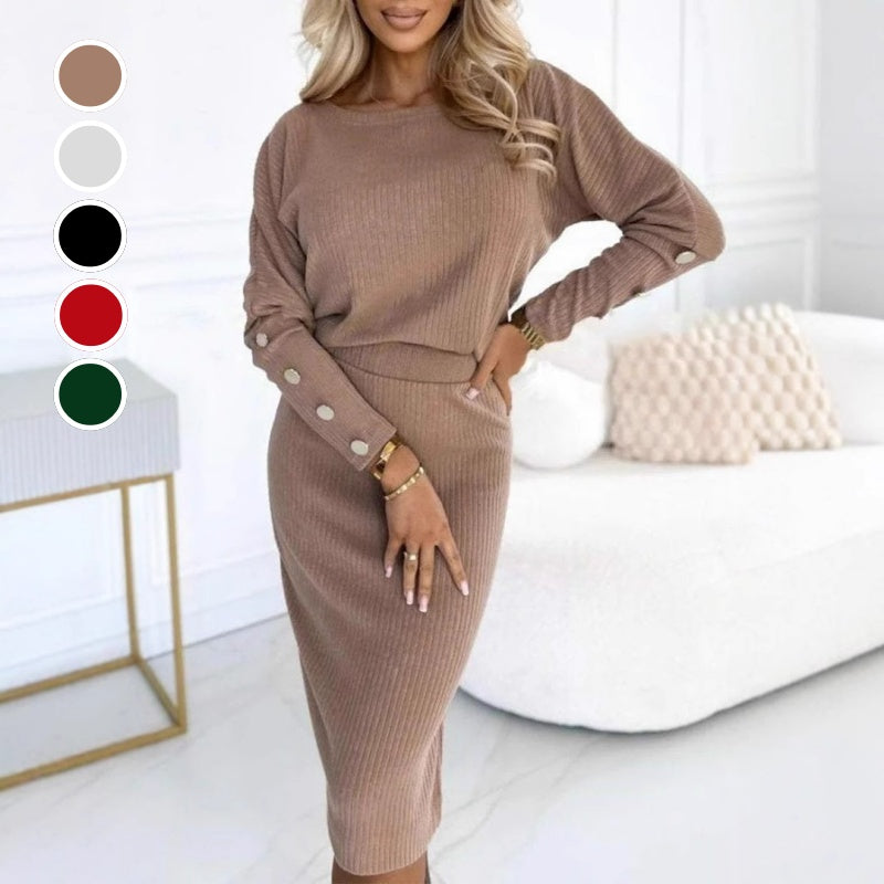 Zweiteiliges Set für Damen mit geripptem Strickoberteil ＆ Rock