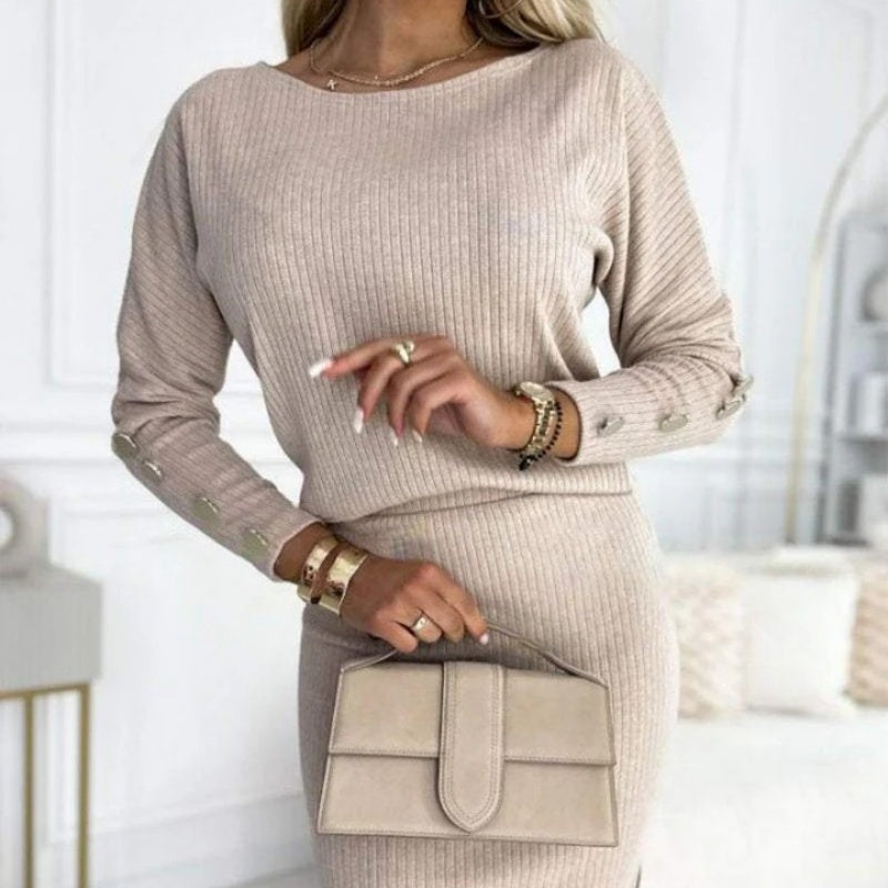 Zweiteiliges Set für Damen mit geripptem Strickoberteil ＆ Rock