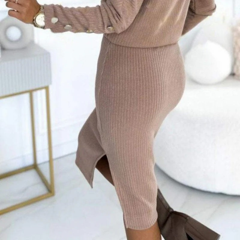 Zweiteiliges Set für Damen mit geripptem Strickoberteil ＆ Rock