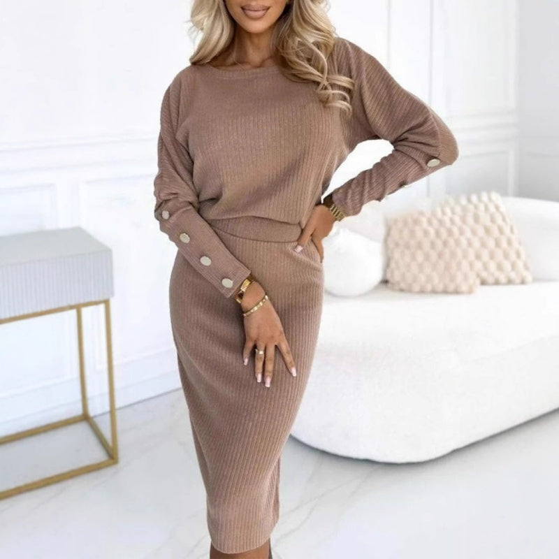 Zweiteiliges Set für Damen mit geripptem Strickoberteil ＆ Rock