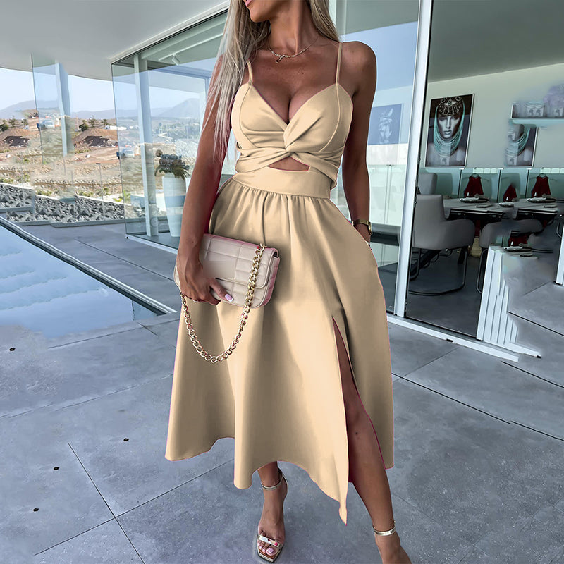 Damen Spaghettiträger Kleid mit hohem Schlitz
