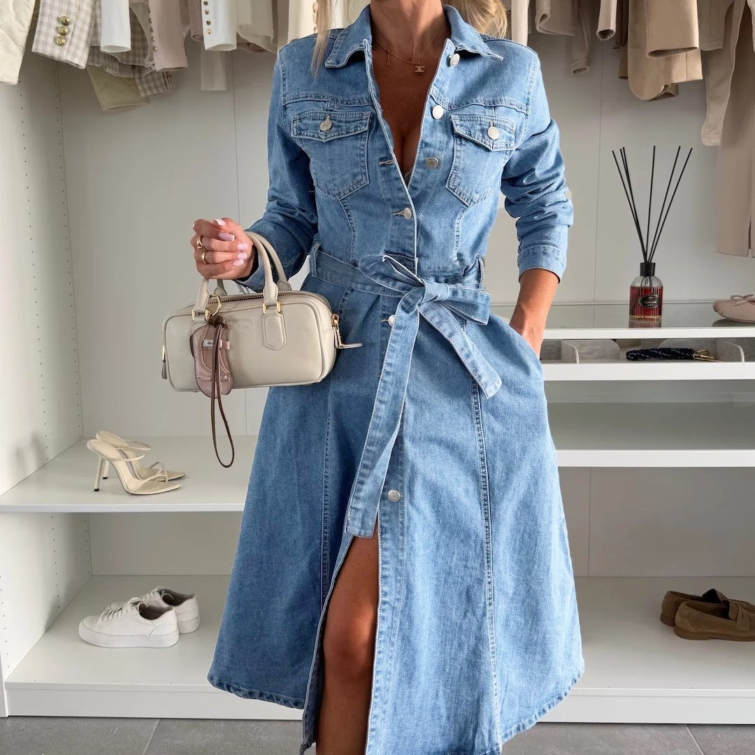 Langärmeliges Denim-Kleid mit Knopfleiste für Frauen