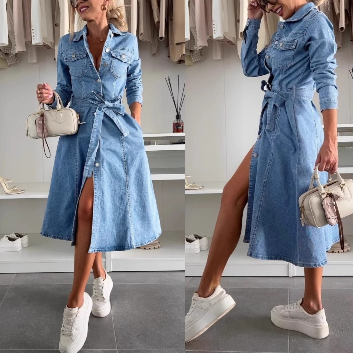 Langärmeliges Denim-Kleid mit Knopfleiste für Frauen