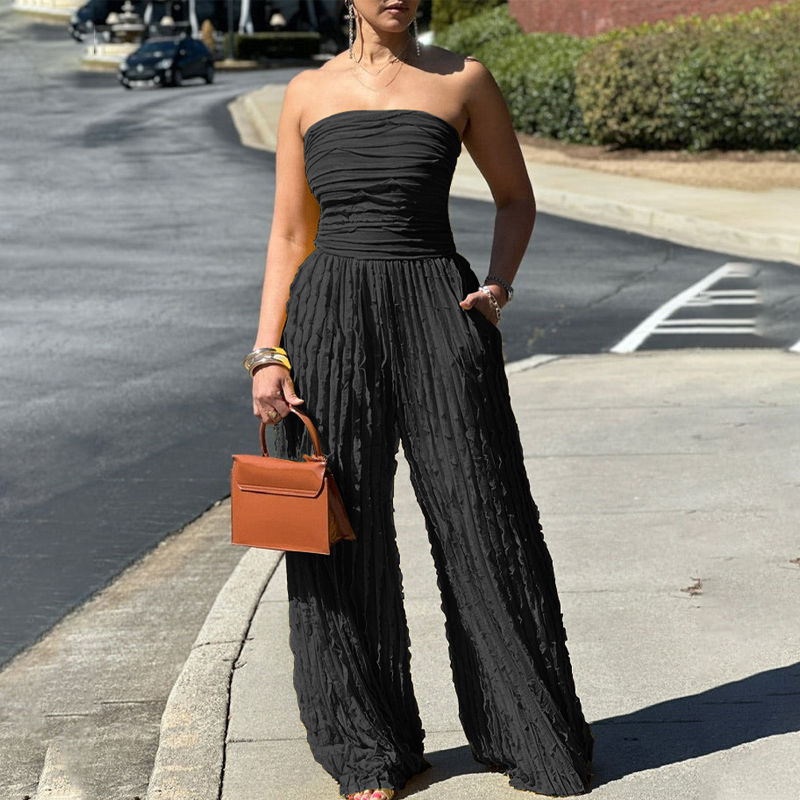 Strapless Crinkle Wide-Leg Jumpsuit